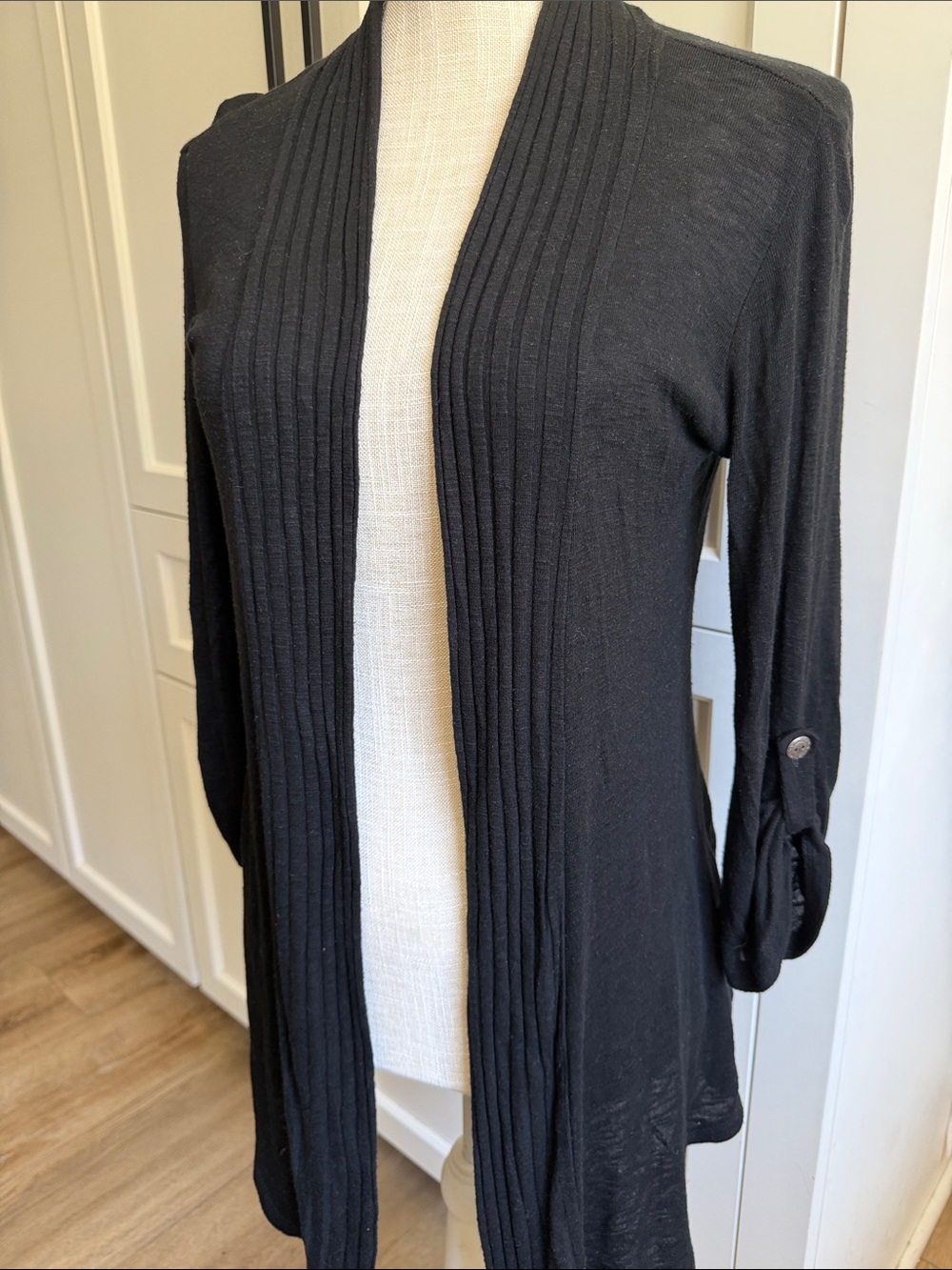 Bobeau Black duster Open-Front Rib-Trim Cardigan Sweater XS
